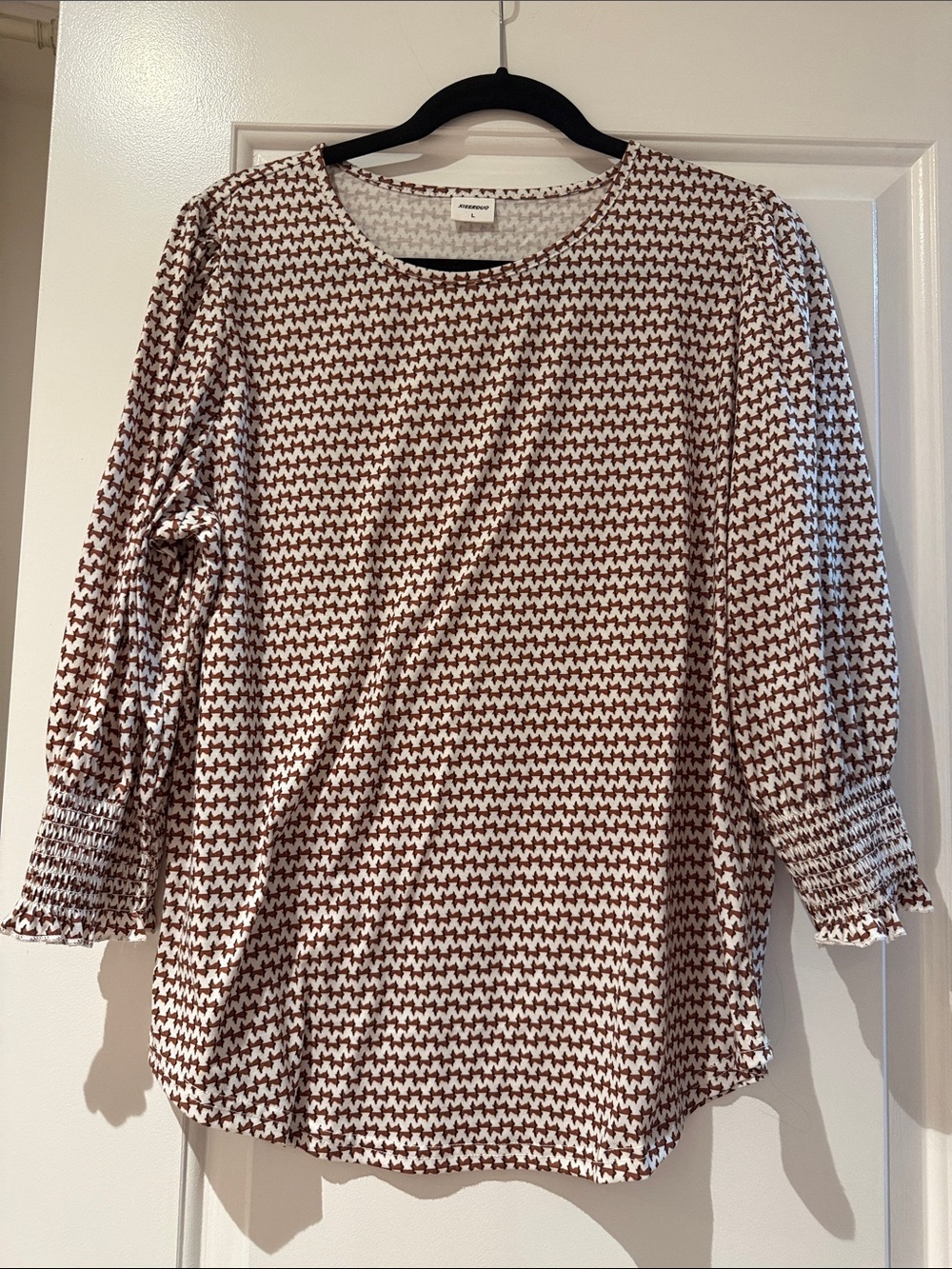 Cream and Brown Patterned Scoop Neck Blouse